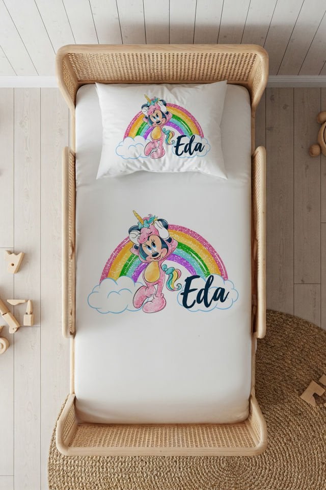 %100 Pamuk Saten İsme Özel 100x200 Tek Kişilik Lastikli Çarşaf Seti Minnie Mouse