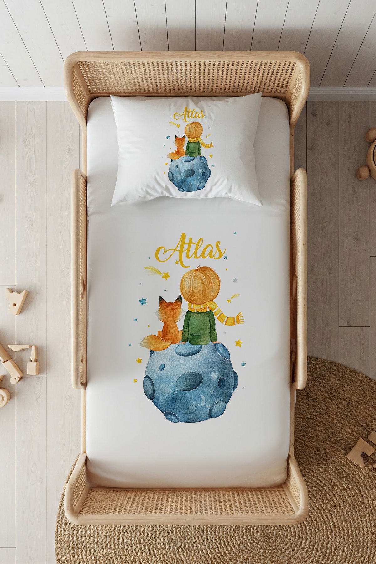 %100 Pamuk Saten İsme Özel 100x200 Tek Kişilik Lastikli Çarşaf Seti Küçük Prens