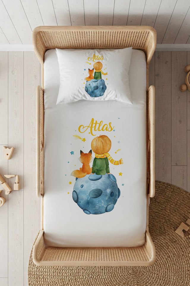 %100 Pamuk Saten İsme Özel 100x200 Tek Kişilik Lastikli Çarşaf Seti Küçük Prens