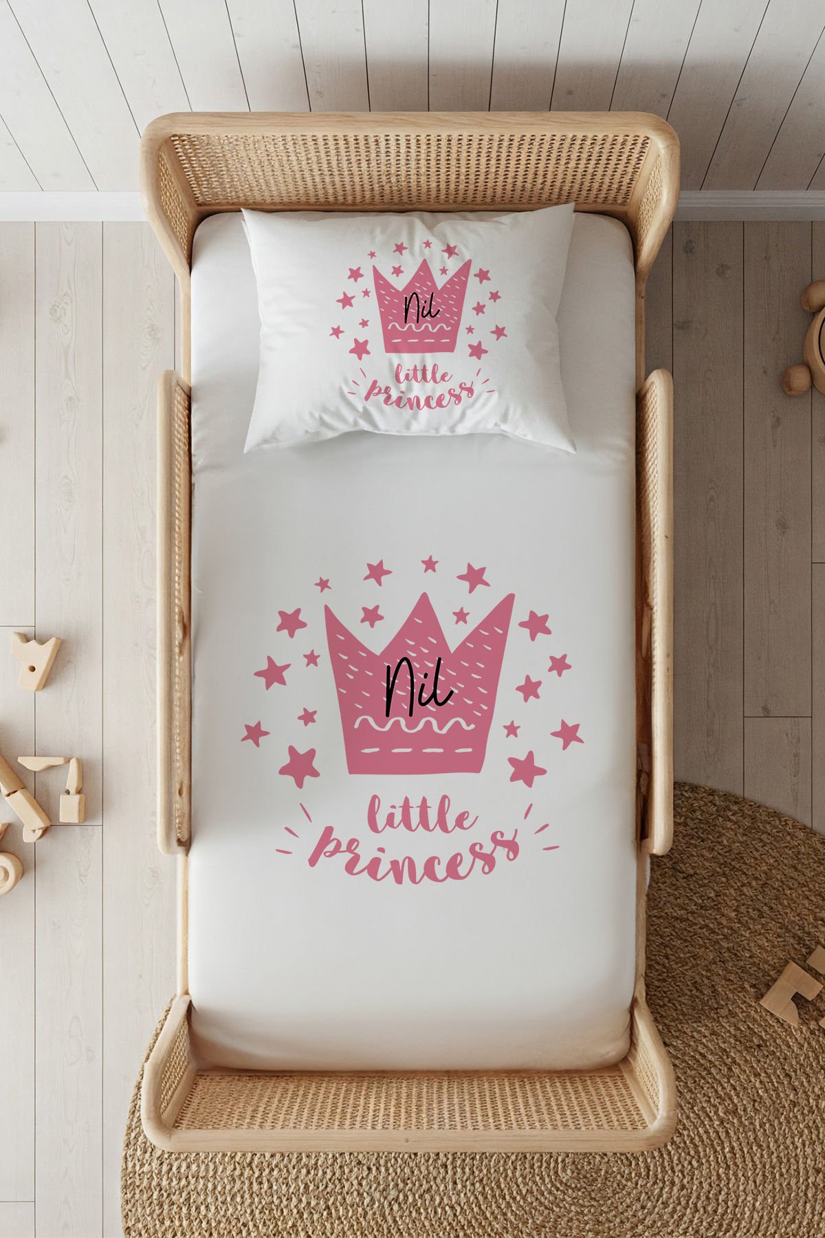 %100 Pamuk Saten İsme Özel 100x200 Tek Kişilik Lastikli Çarşaf Seti Prenses