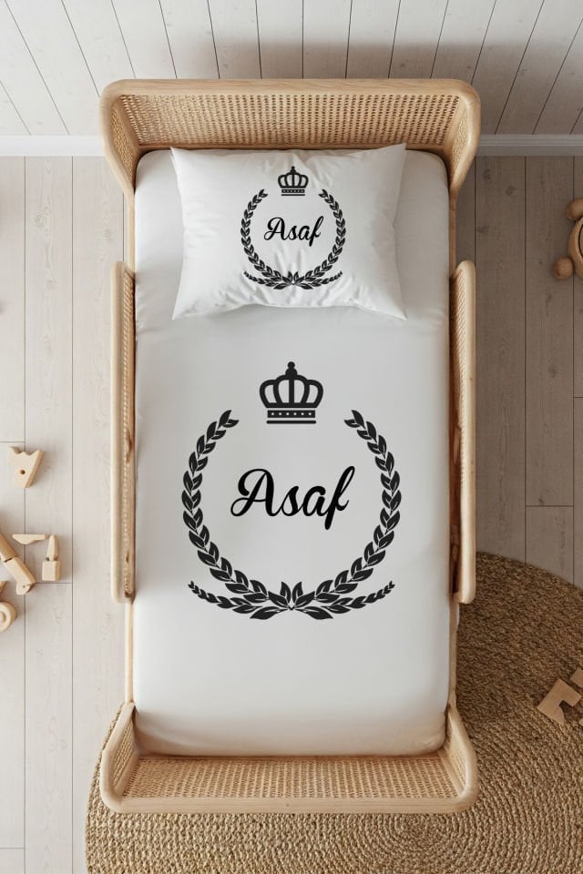 %100 Pamuk Saten İsme Özel 100x200 Tek Kişilik Lastikli Çarşaf Seti Siyah Çelenk