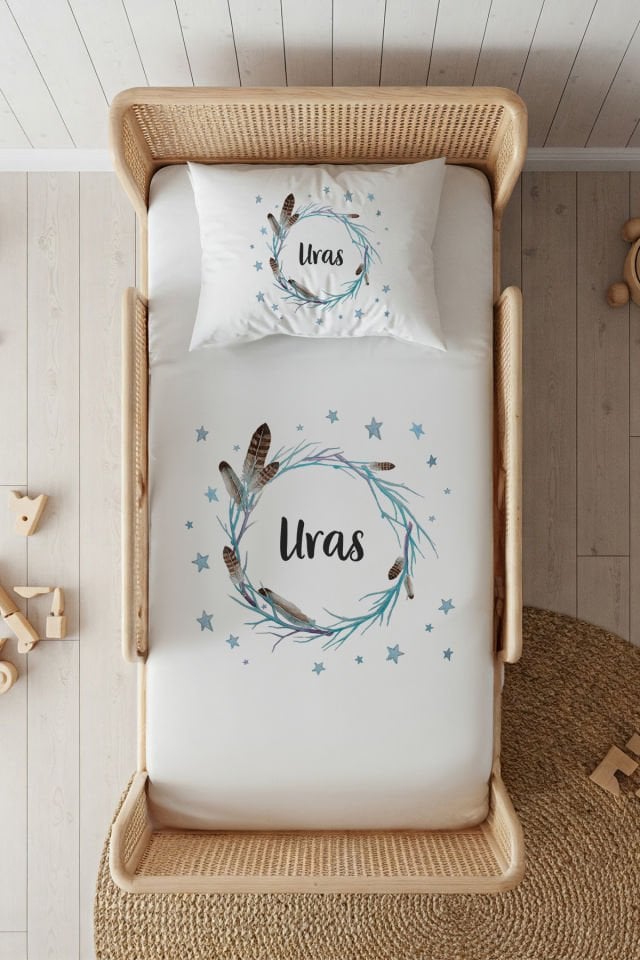 %100 Pamuk Saten İsme Özel 100x200 Tek Kişilik Lastikli Çarşaf Seti Kuş Tüyü