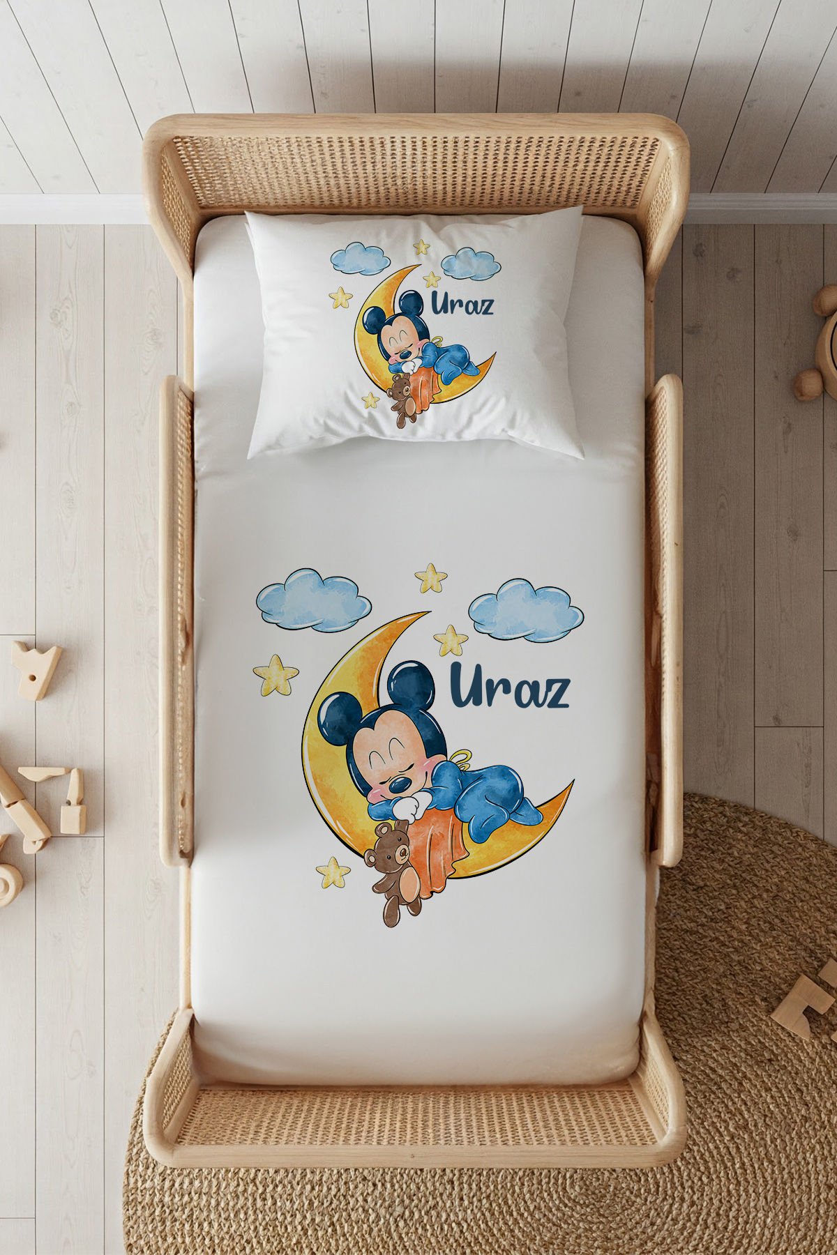 %100 Pamuk Saten İsme Özel 100x200 Tek Kişilik Lastikli Çarşaf Seti Mickey Mouse