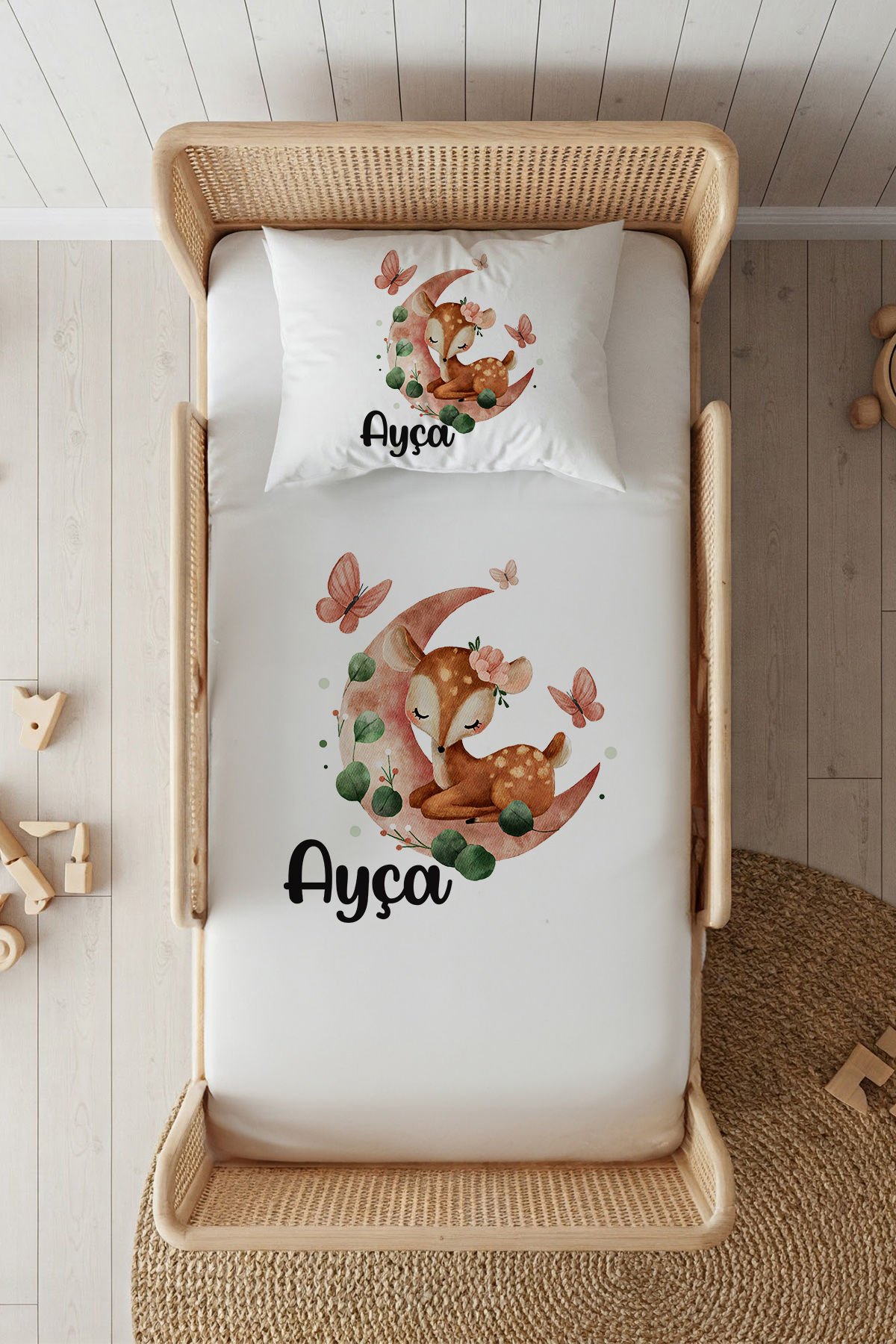 %100 Pamuk Saten İsme Özel 100x200 Tek Kişilik Lastikli Çarşaf Seti Ceylan