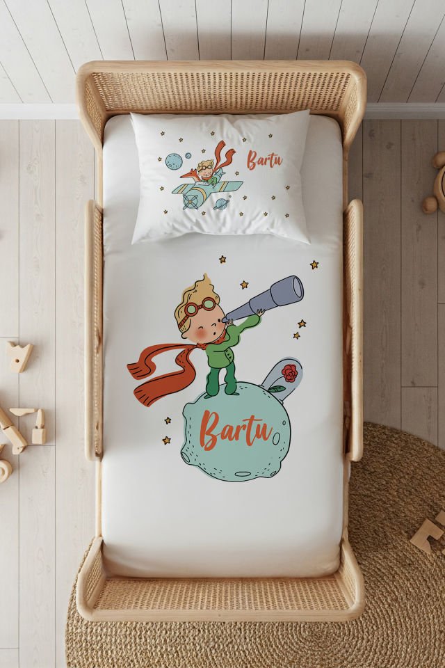 %100 Pamuk Saten İsme Özel 100x200 Tek Kişilik Lastikli Çarşaf Seti Küçük Prens