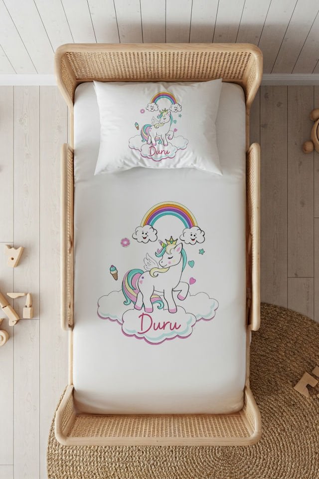 %100 Pamuk Saten İsme Özel 100x200 Tek Kişilik Lastikli Çarşaf Seti Unicorn