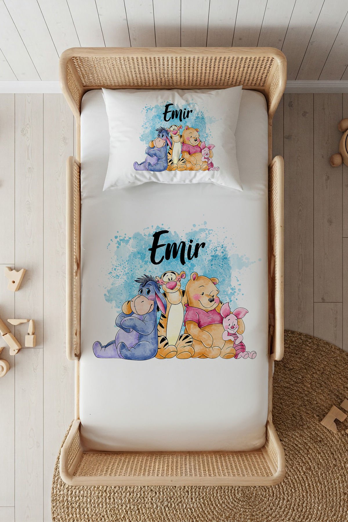 %100 Pamuk Saten İsme Özel 100x200 Tek Kişilik Lastikli Çarşaf Seti Winnie the Pooh