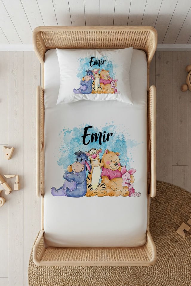 %100 Pamuk Saten İsme Özel 100x200 Tek Kişilik Lastikli Çarşaf Seti Winnie the Pooh