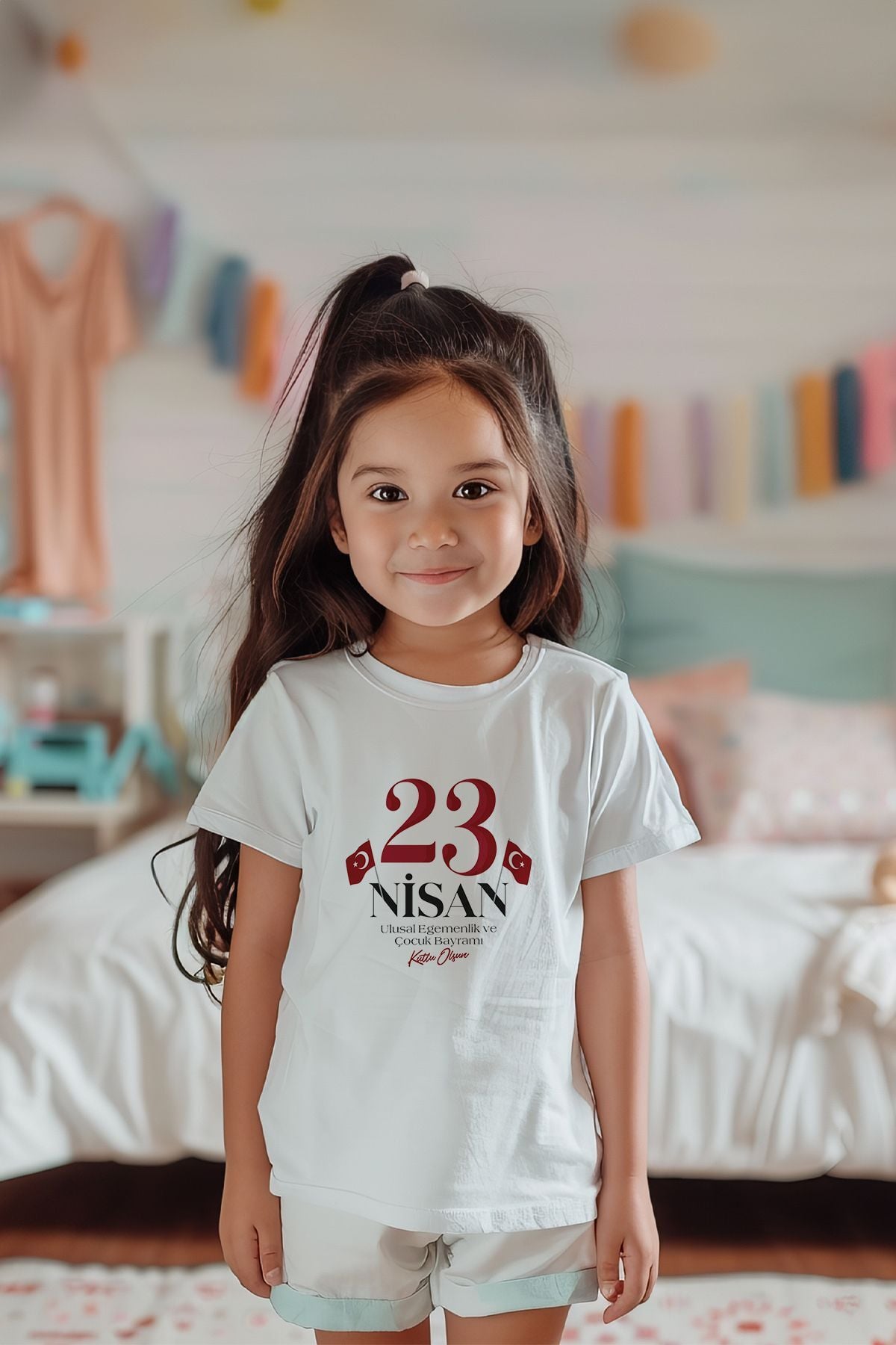 %100 Pamuk Kız Çocuk 23 Nisan Baskılı Kısa Kollu Tişört