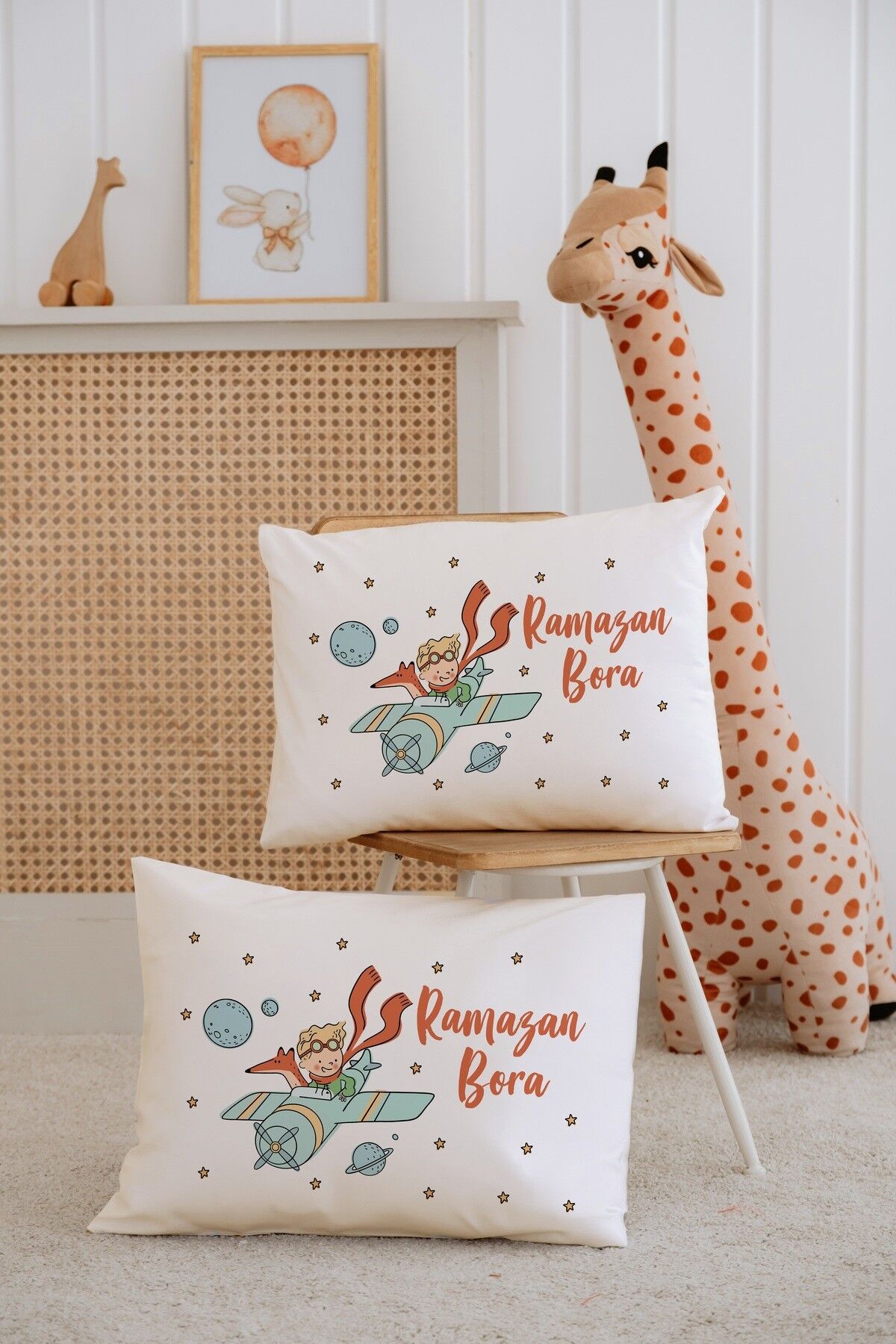 %100 Pamuk İsme Özel 2li Ekru Bebek Yastık Kılıfı 35x45 cm-Küçük Prens