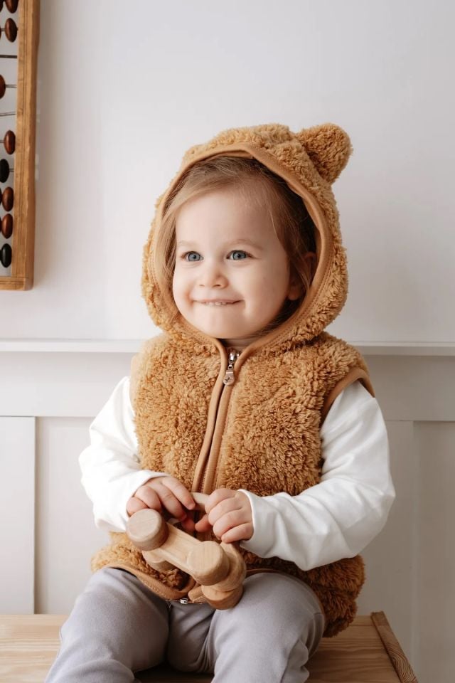 Kapüşonlu Teddy Çocuk Yelek Astarlı Kahverengi