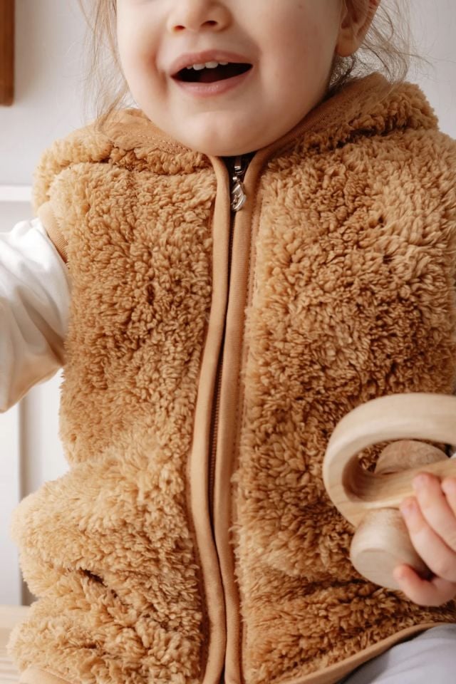 Kapüşonlu Teddy Çocuk Yelek Astarlı Kahverengi