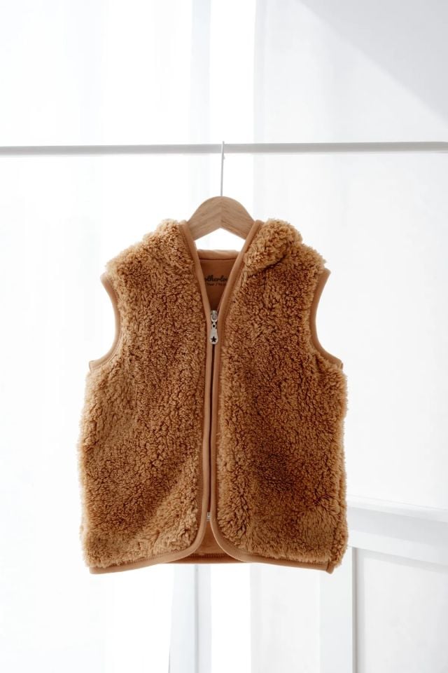 Kapüşonlu Teddy Çocuk Yelek Astarlı Kahverengi