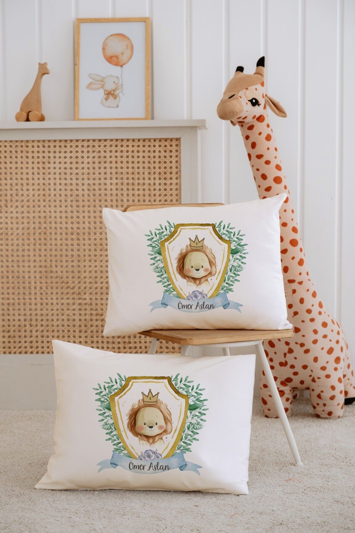 %100 Pamuk İsme Özel 2li Ekru Bebek Yastık Kılıfı 35x45 cm-Aslan