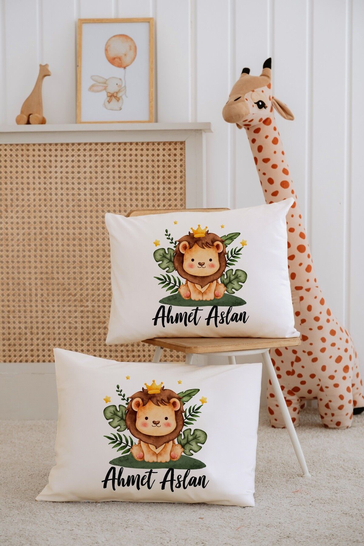 %100 Pamuk İsme Özel 2li Ekru Bebek Yastık Kılıfı 35x45 cm-Aslan