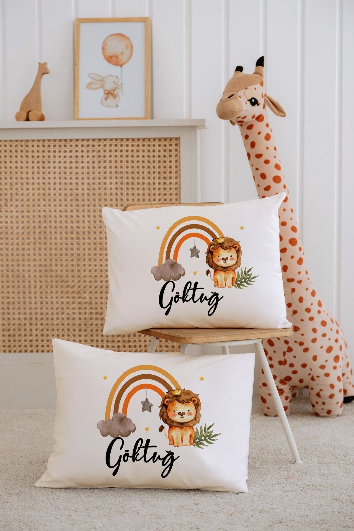 %100 Pamuk İsme Özel 2li Ekru Bebek Yastık Kılıfı 35x45 cm-Aslan
