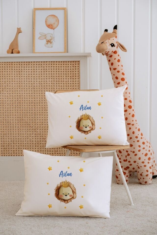 %100 Pamuk İsme Özel 2li Ekru Bebek Yastık Kılıfı 35x45 cm-Aslan