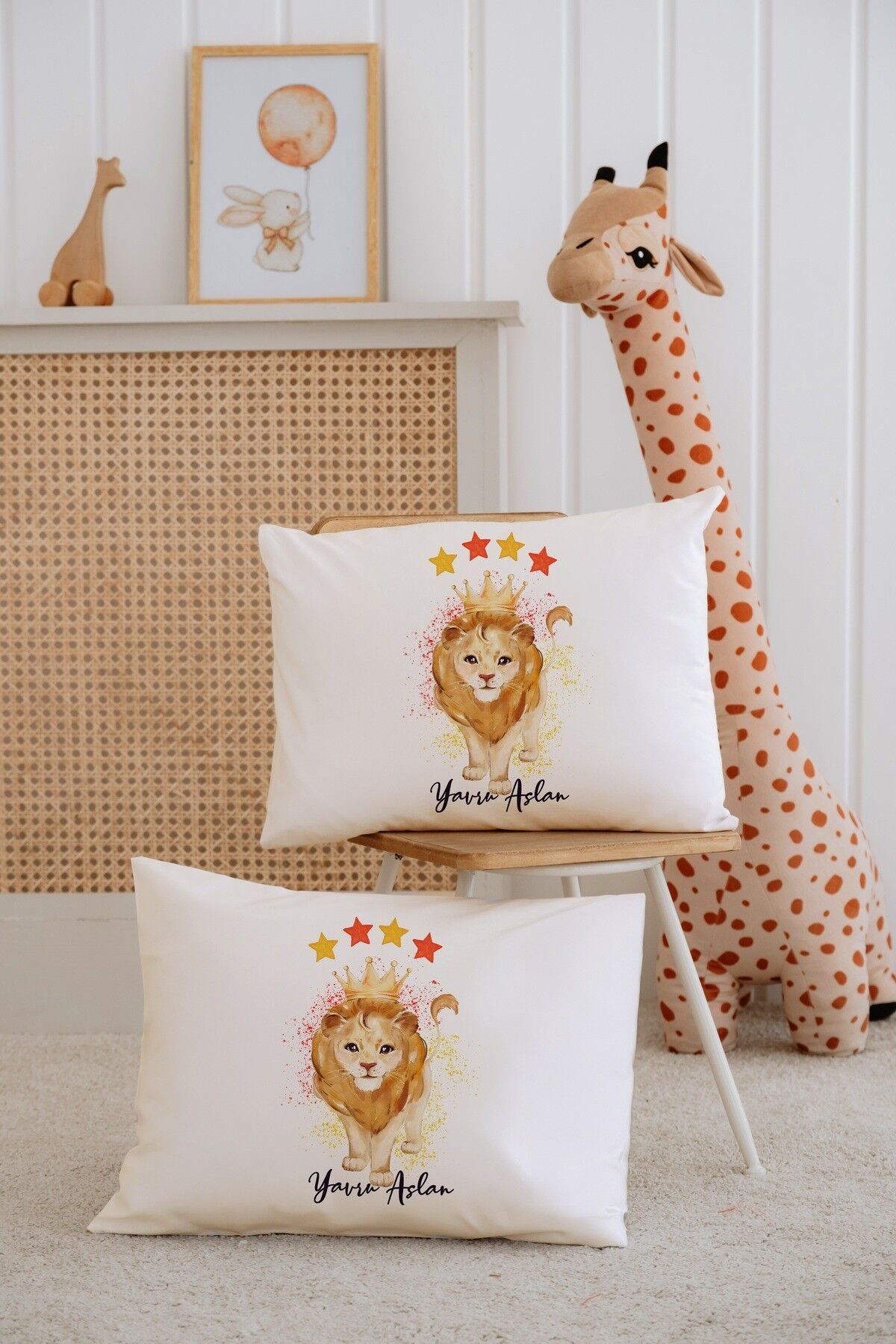 %100 Pamuk İsme Özel 2li Ekru Bebek Yastık Kılıfı 35x45 cm-Aslan