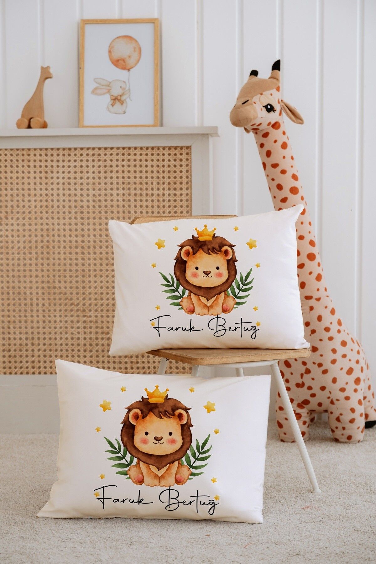 %100 Pamuk İsme Özel 2li Ekru Bebek Yastık Kılıfı 35x45 cm-Aslan