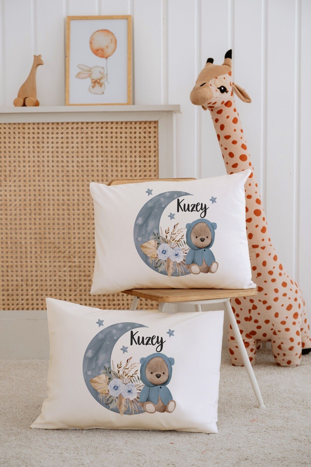 %100 Pamuk İsme Özel 2li Ekru Bebek Yastık Kılıfı 35x45 cm-Ayıcık