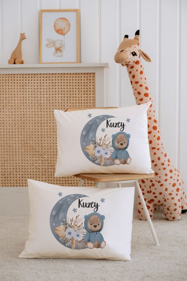 %100 Pamuk İsme Özel 2li Ekru Bebek Yastık Kılıfı 35x45 cm-Ayıcık