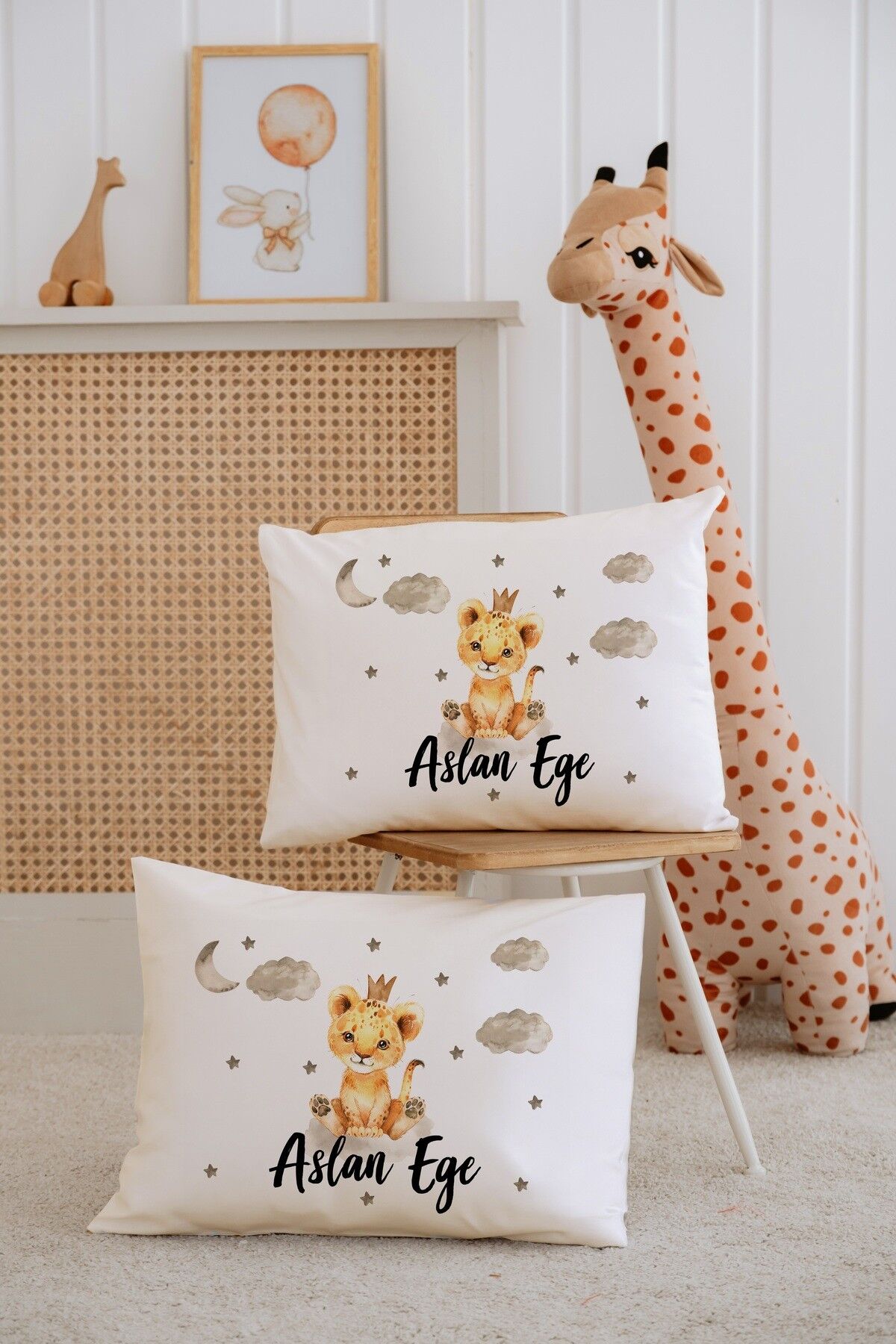 %100 Pamuk İsme Özel 2li Ekru Bebek Yastık Kılıfı 35x45 cm-Kaplan