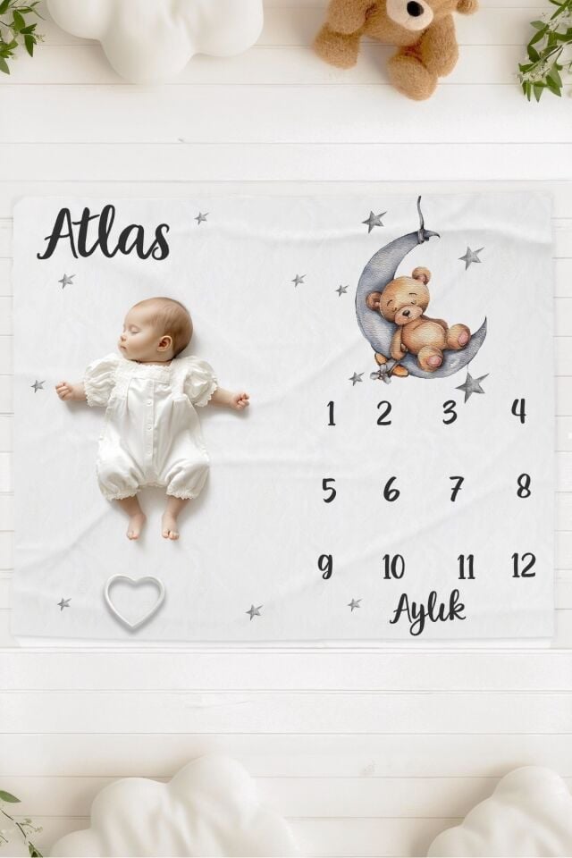 %100 Pamuk İsme Özel Bebek Fotoğraf Çekim Anı Örtüsü (120x100 cm) Aydaki Ayıcık