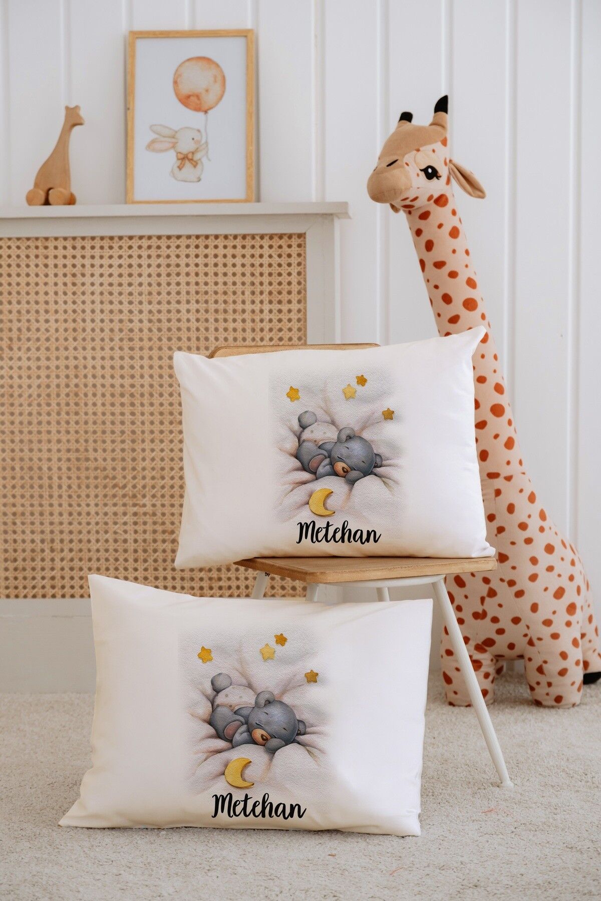 %100 Pamuk İsme Özel 2li Ekru Bebek Yastık Kılıfı 35x45 cm-Ayıcık