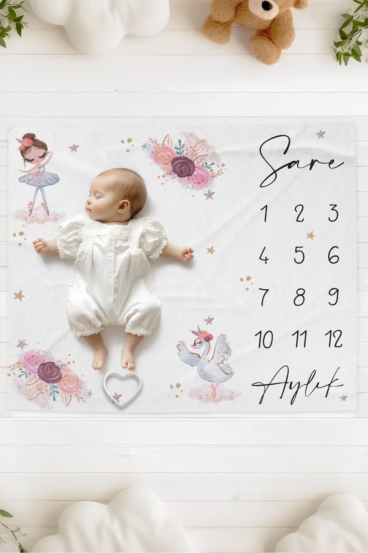 %100 Pamuk İsme Özel Bebek Fotoğraf Çekim Anı Örtüsü (120x100 cm) Balerin Kuğu