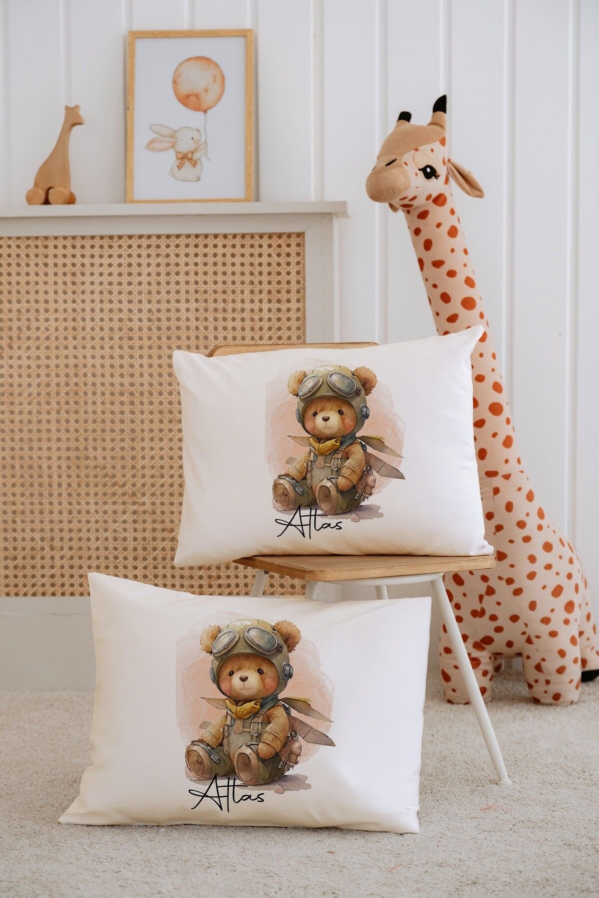 %100 Pamuk İsme Özel 2li Ekru Bebek Yastık Kılıfı 35x45 cm-Ayıcık