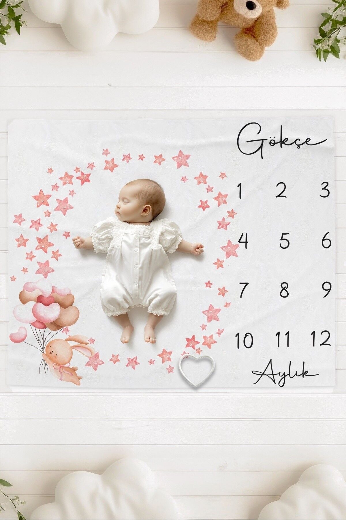 %100 Pamuk İsme Özel Bebek Fotoğraf Çekim Anı Örtüsü (120x100 cm) Balon Tutan Tavşan