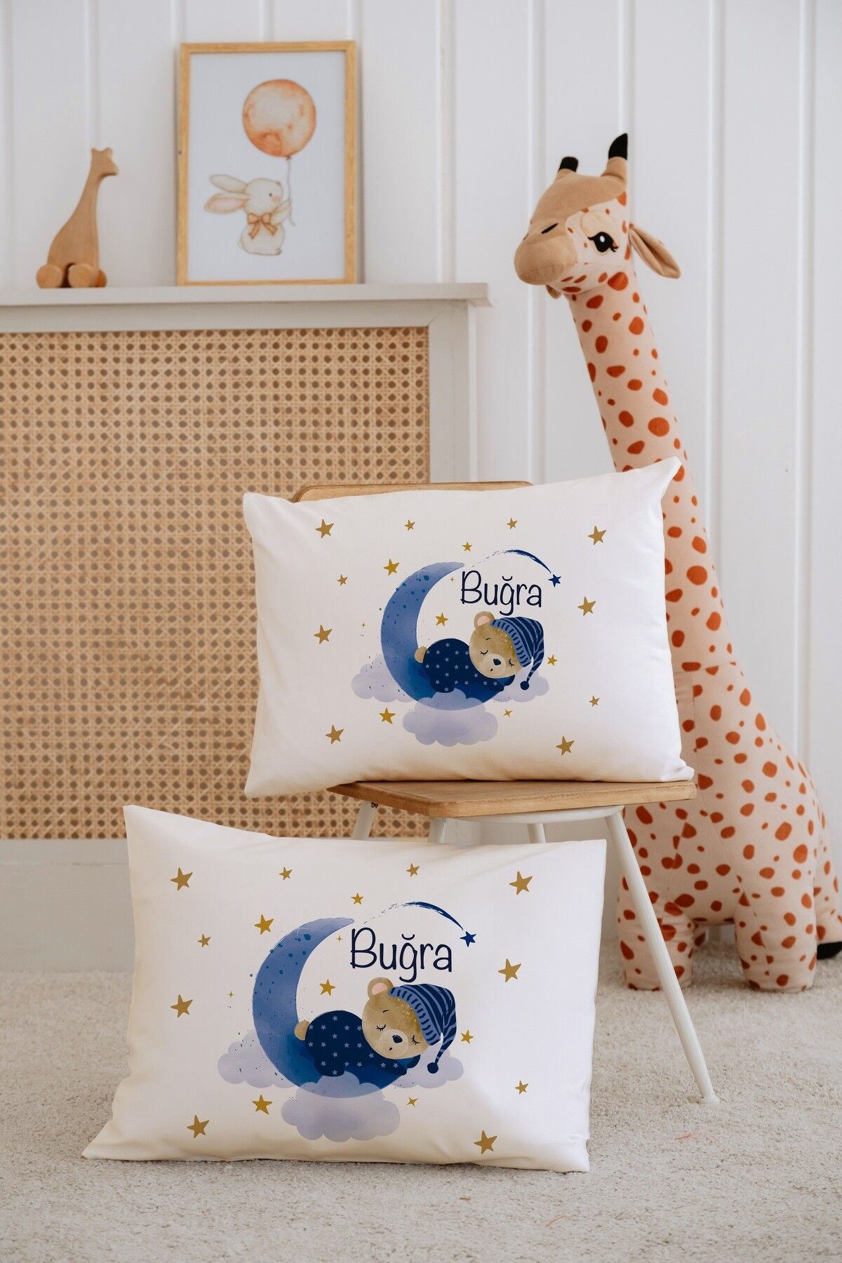 %100 Pamuk İsme Özel 2li Ekru Bebek Yastık Kılıfı 35x45 cm-Ayıcık