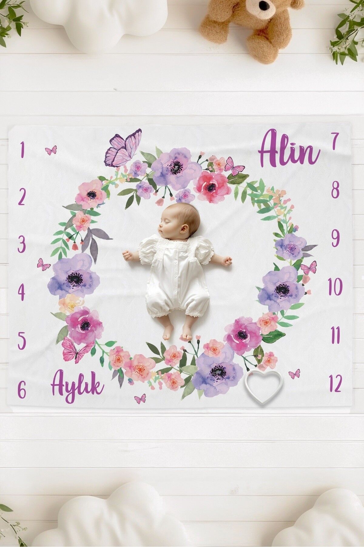%100 Pamuk İsme Özel Bebek Fotoğraf Çekim Anı Örtüsü (120x100 cm) Mor Kelebek