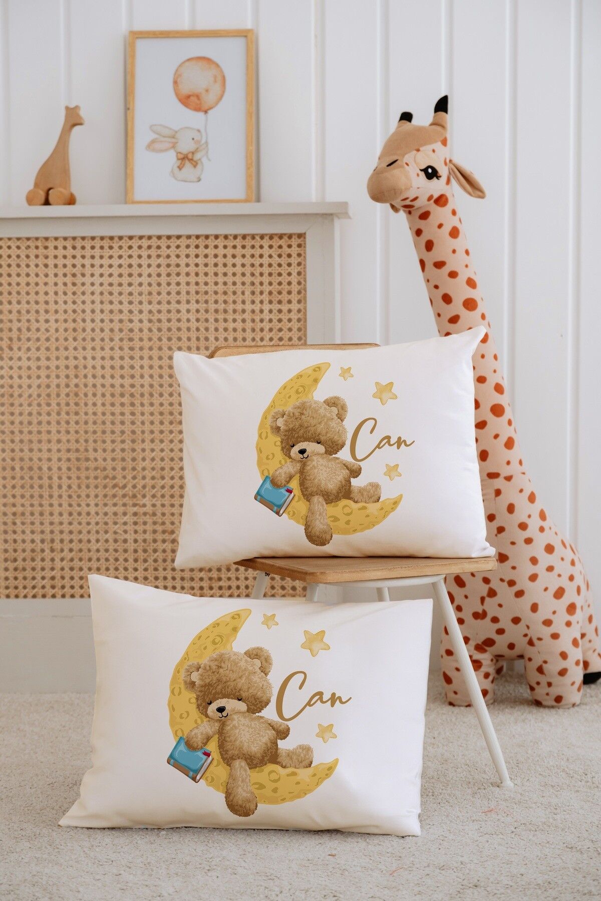 %100 Pamuk İsme Özel 2li Ekru Bebek Yastık Kılıfı 35x45 cm-Ayıcık