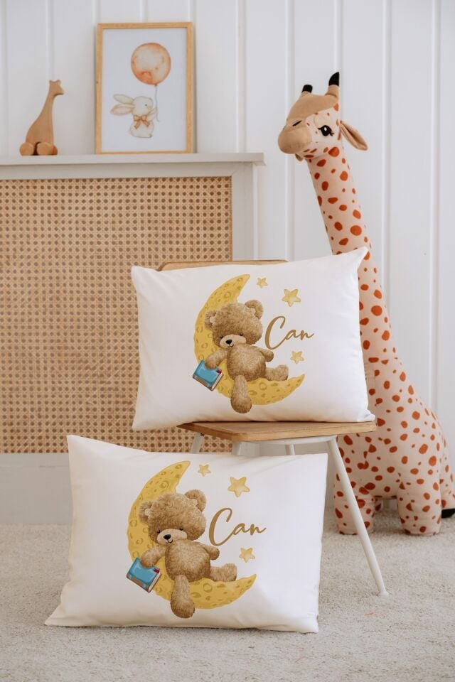 %100 Pamuk İsme Özel 2li Ekru Bebek Yastık Kılıfı 35x45 cm-Ayıcık