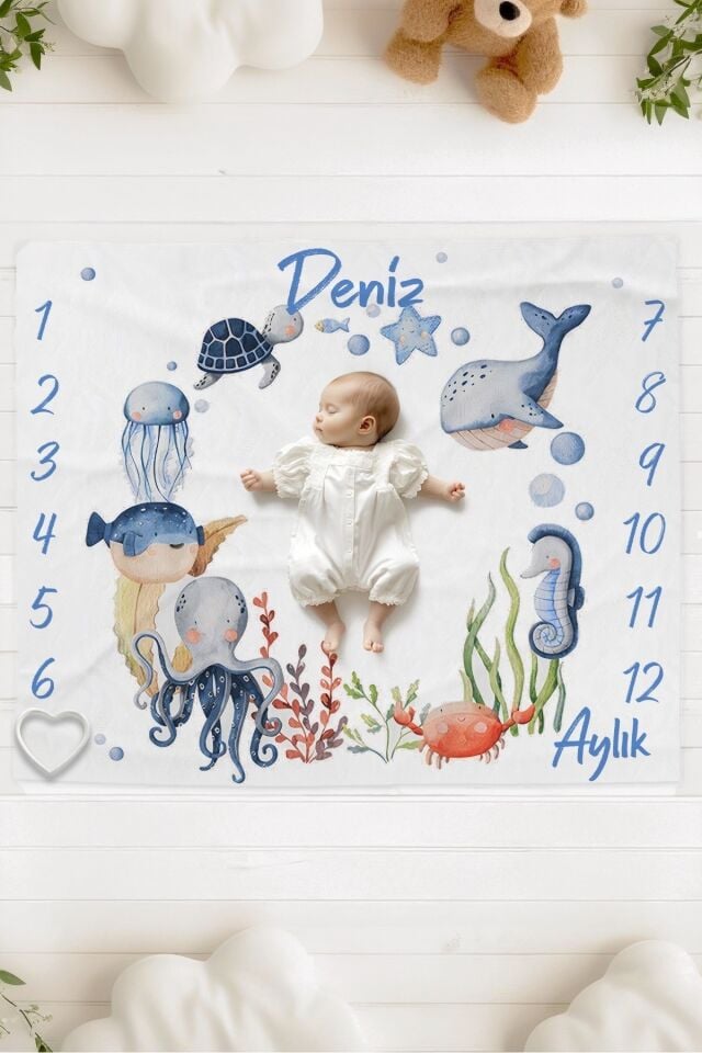 %100 Pamuk İsme Özel Bebek Fotoğraf Çekim Anı Örtüsü (120x100 cm) Deniz Canlıları