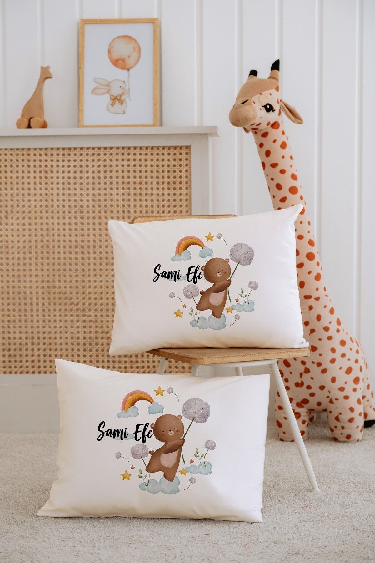 %100 Pamuk İsme Özel 2li Ekru Bebek Yastık Kılıfı 35x45 cm-Ayıcık