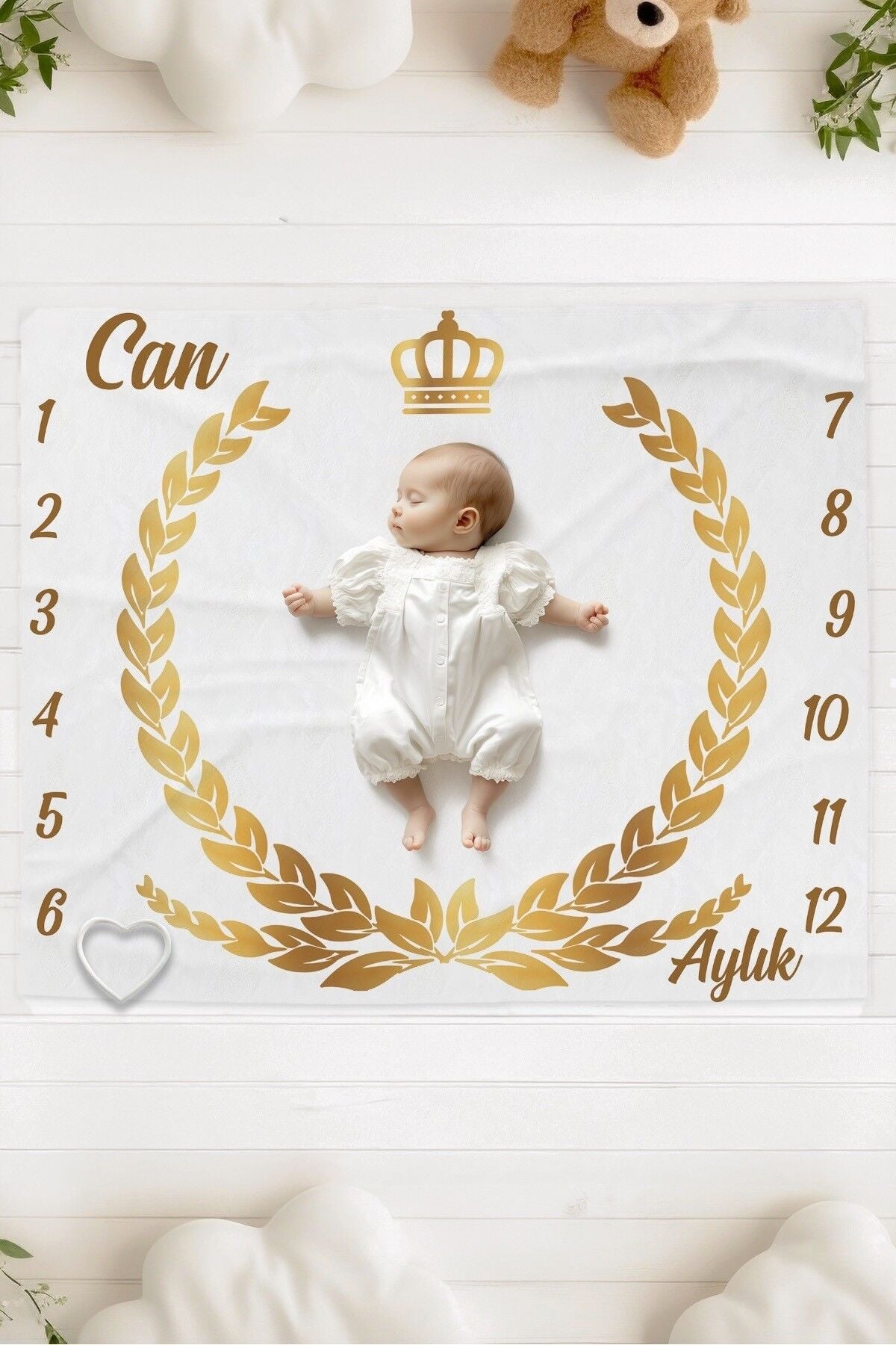 %100 Pamuk İsme Özel Bebek Fotoğraf Çekim Anı Örtüsü (120x100 cm) Sarı Çelenk