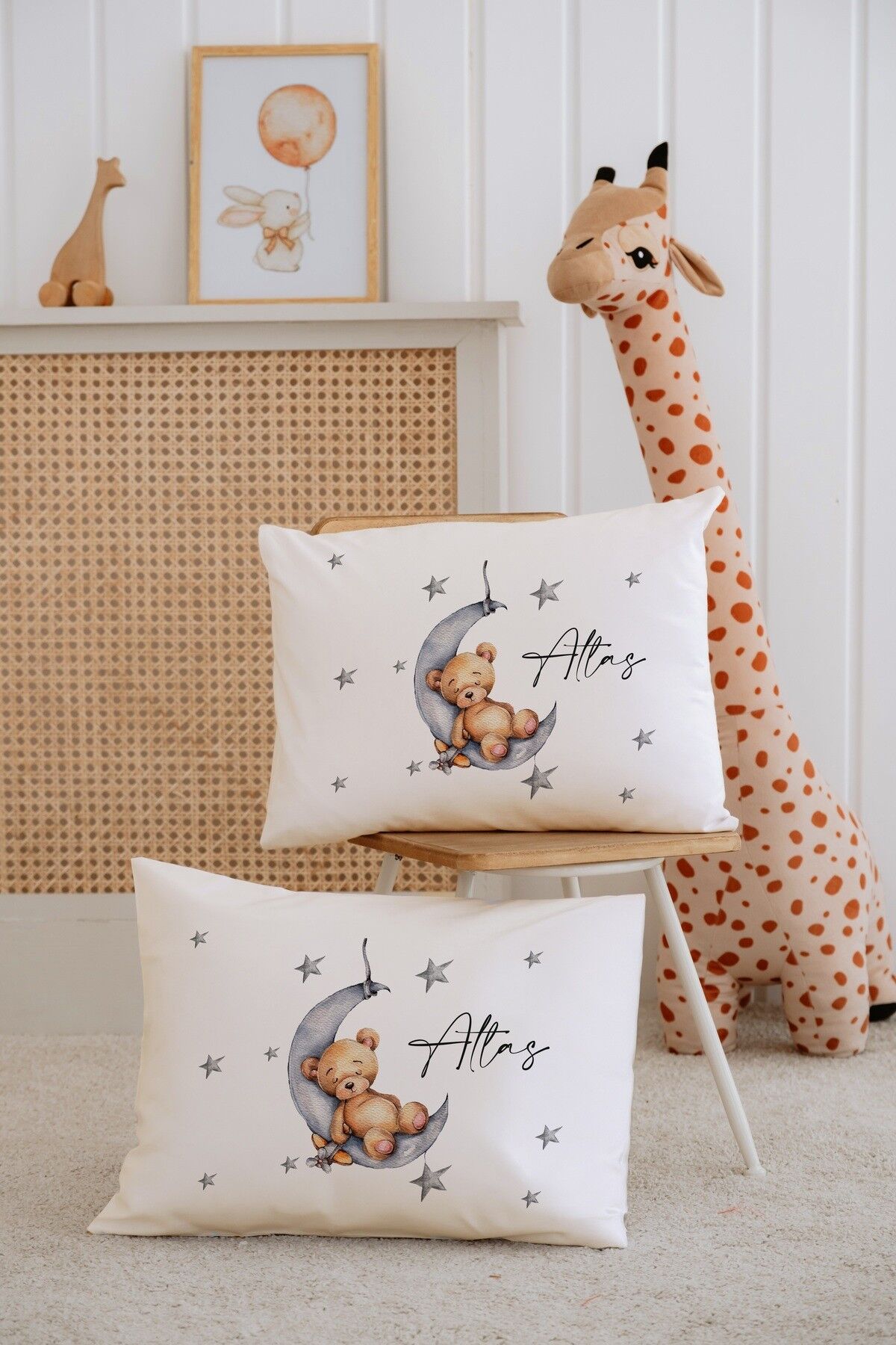 %100 Pamuk İsme Özel 2li Ekru Bebek Yastık Kılıfı 35x45 cm-Ayıcık