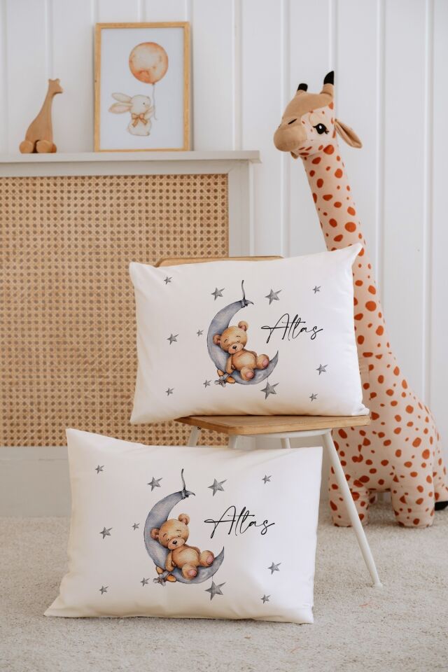 %100 Pamuk İsme Özel 2li Ekru Bebek Yastık Kılıfı 35x45 cm-Ayıcık