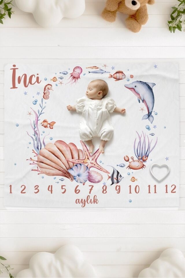 %100 Pamuk İsme Özel Bebek Fotoğraf Çekim Anı Örtüsü (120x100 cm) Deniz