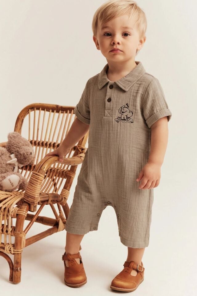 %100 Organik Pamuk Muslin Kumaş Kısa Paça Tulum Kız-Erkek Bebek