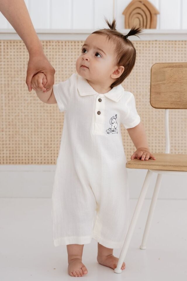 %100 Organik Pamuk Muslin Kumaş Kısa Paça Tulum Kız-Erkek Bebek