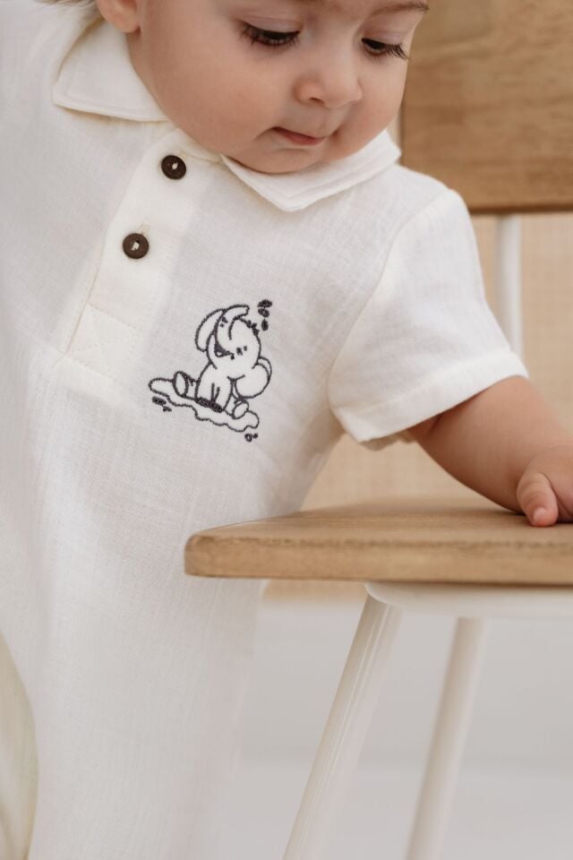 %100 Organik Pamuk Muslin Kumaş Kısa Paça Tulum Kız-Erkek Bebek