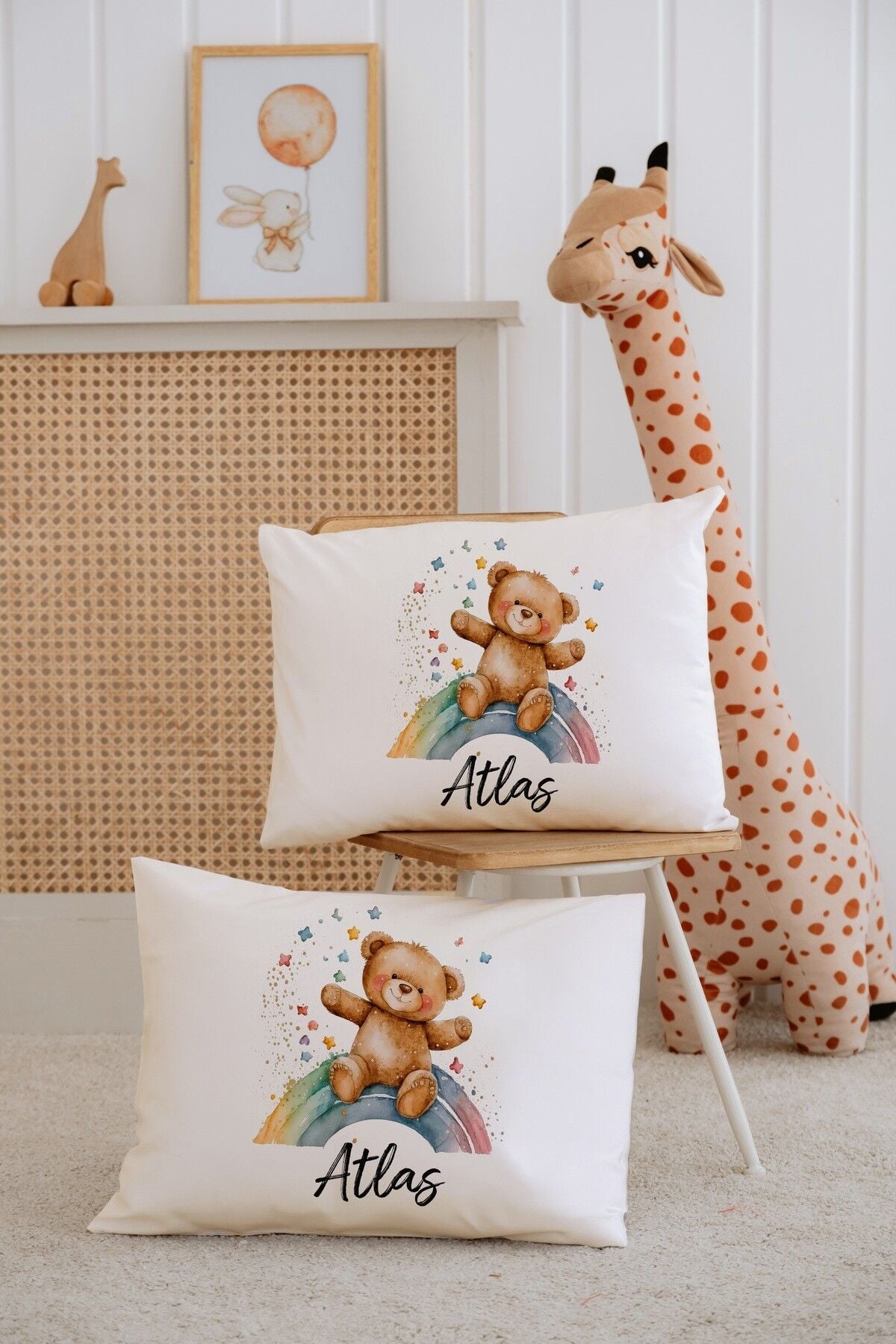 %100 Pamuk İsme Özel 2li Ekru Bebek Yastık Kılıfı 35x45 cm-Ayıcık