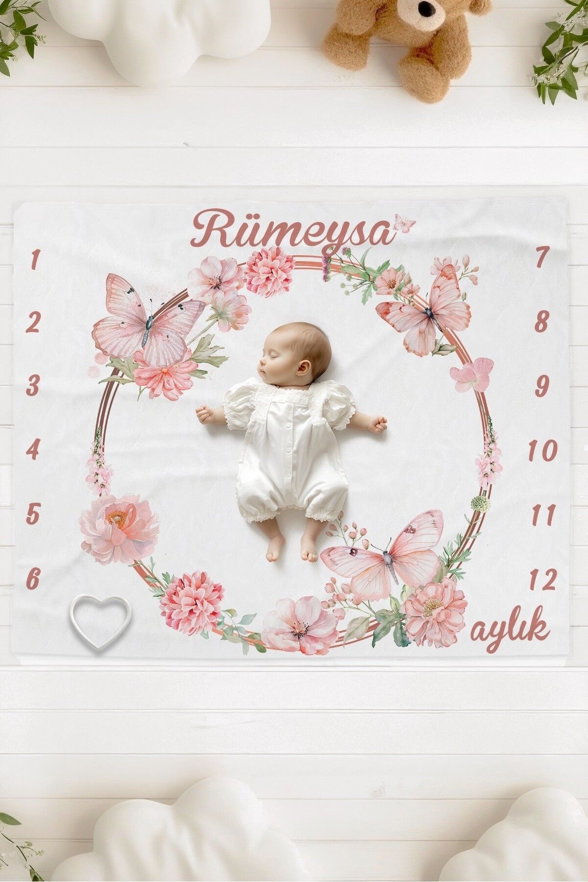 %100 Pamuk İsme Özel Bebek Fotoğraf Çekim Anı Örtüsü (120x100 cm) Kelebek Çemberi