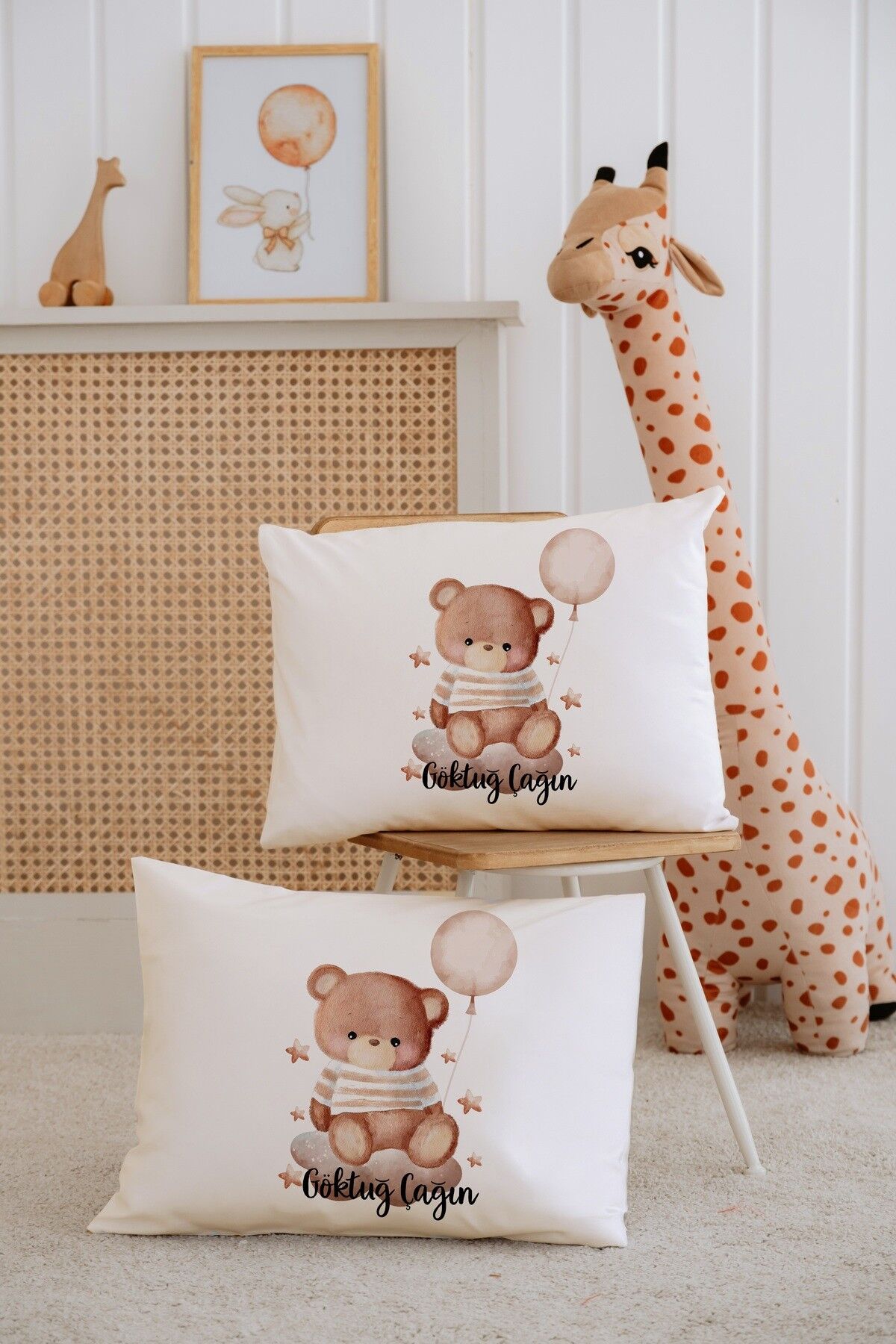 %100 Pamuk İsme Özel 2li Ekru Bebek Yastık Kılıfı 35x45 cm-Ayıcık