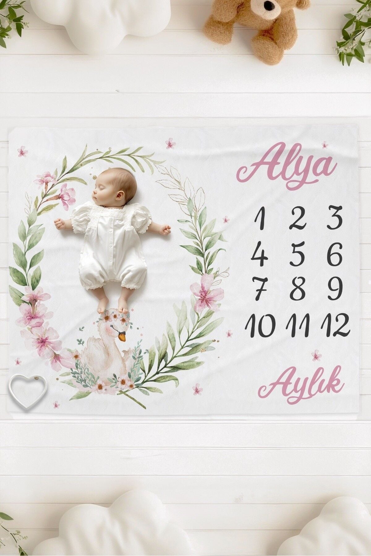 %100 Pamuk İsme Özel Bebek Fotoğraf Çekim Anı Örtüsü (120x100 cm) Kuğu