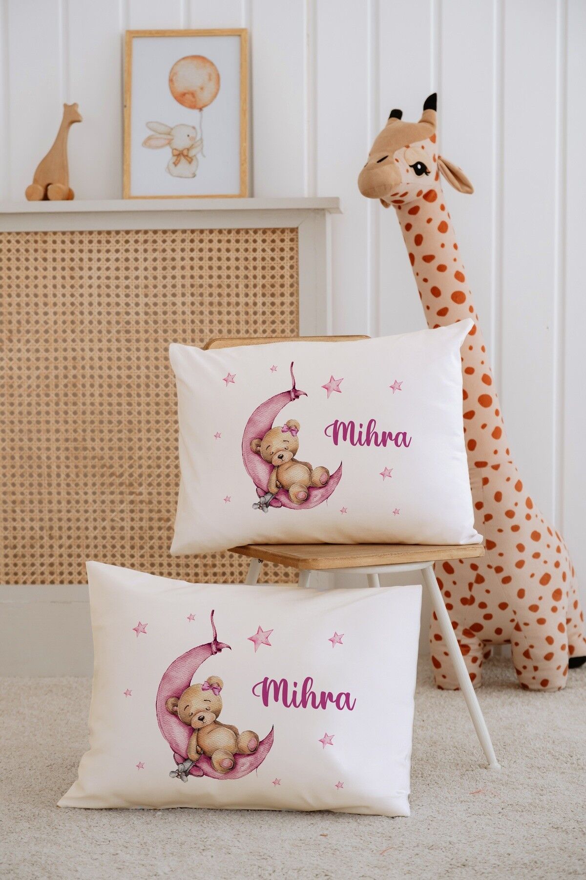 %100 Pamuk İsme Özel 2li Ekru Bebek Yastık Kılıfı 35x45 cm-Ayıcık
