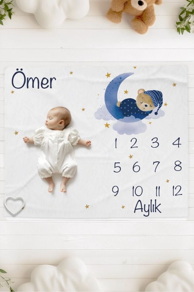 %100 Pamuk İsme Özel Bebek Fotoğraf Çekim Anı Örtüsü (120x100 cm) Mavi Ayıcık